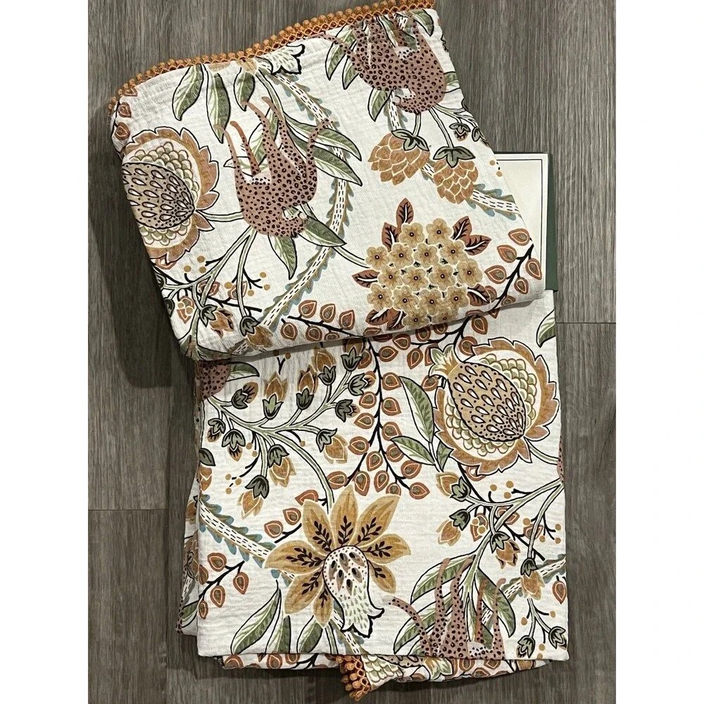 VESELKA HOME SHOWER CURTAIN 100% COTTON Cheetah Brown Floral Trim Detail New
